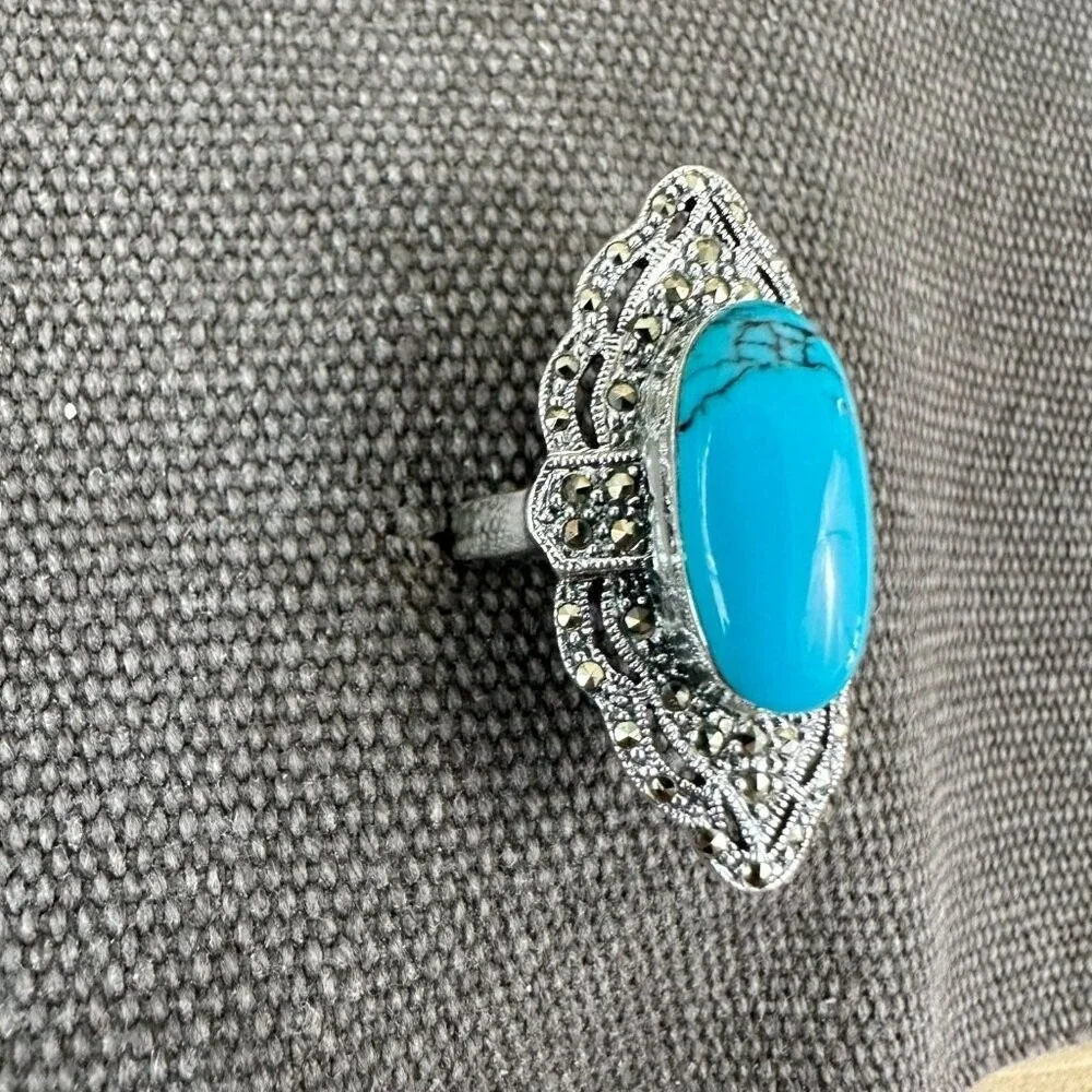 Sterling Silver Southwestern Marcasite Turquoise‎ Ring 7 NEW 925 Tall